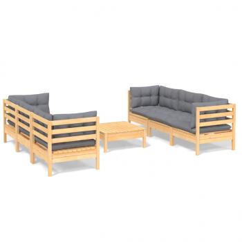 7-tlg. Garten-Lounge-Set mit Grauen Kissen Kiefernholz