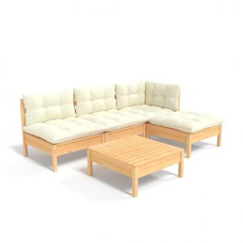 5-tlg. Garten-Lounge-Set mit Creme Kissen Kiefernholz