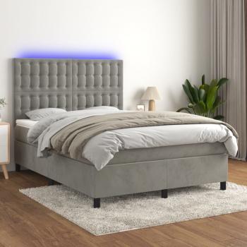 ARDEBO.de - Boxspringbett mit Matratze & LED Hellgrau 140x190 cm Samt