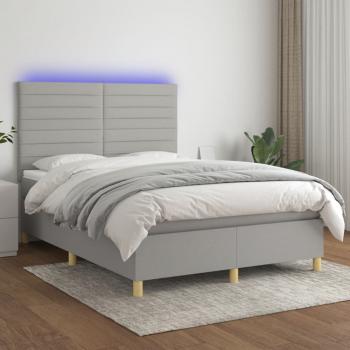 ARDEBO.de - Boxspringbett mit Matratze & LED Hellgrau 140x190 cm Stoff