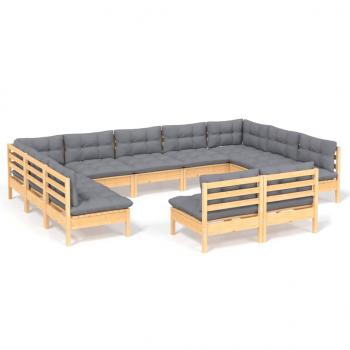 11-tlg. Garten-Lounge-Set mit Grauen Kissen Kiefer Massivholz