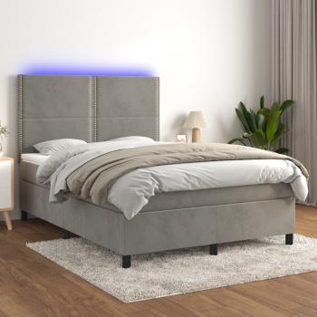 ARDEBO.de - Boxspringbett mit Matratze & LED Hellgrau 140x190 cm Samt