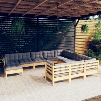 ARDEBO.de - 11-tlg. Garten-Lounge-Set mit Grauen Kissen Kiefernholz