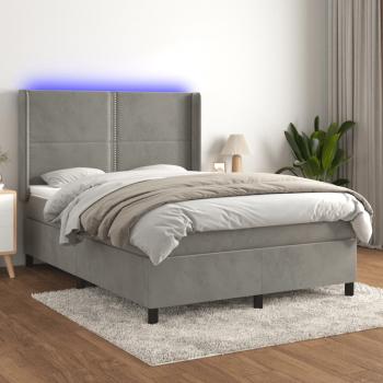 ARDEBO.de - Boxspringbett mit Matratze & LED Hellgrau 140x190 cm Samt