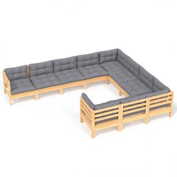 10-tlg. Garten-Lounge-Set mit Grauen Kissen Kiefernholz