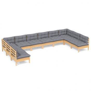 10-tlg. Garten-Lounge-Set mit Grauen Kissen Kiefer Massivholz