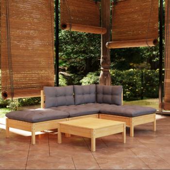 ARDEBO.de - 5-tlg. Garten-Lounge-Set mit Grauen Kissen Kiefernholz