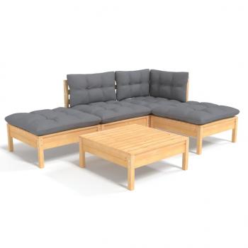 5-tlg. Garten-Lounge-Set mit Grauen Kissen Kiefernholz