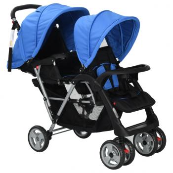 Tandem-Kinderwagen Stahl Blau und Schwarz 