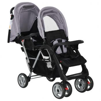 Tandem-Kinderwagen Stahl Grau und Schwarz 