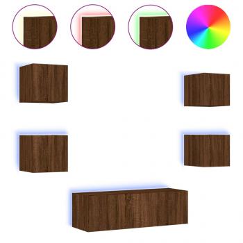 5-tlg. TV-Wohnwand mit LED-Leuchten Braun Eichen-Optik