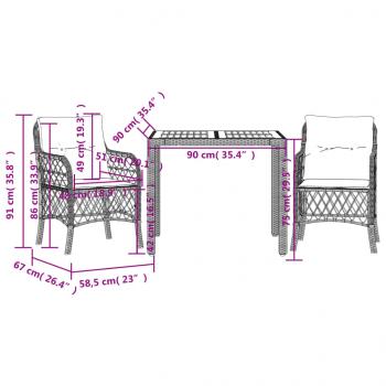 3-tlg. Bistro-Set mit Kissen Grau Poly Rattan