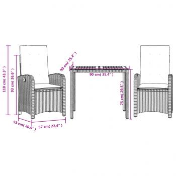 3-tlg. Garten-Essgruppe mit Kissen Schwarz Poly Rattan