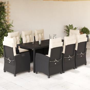 ARDEBO.de - 9-tlg. Garten-Essgruppe mit Kissen Schwarz Poly Rattan