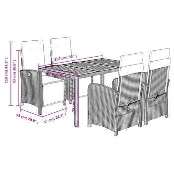 5-tlg. Garten-Essgruppe mit Kissen Grau Poly Rattan