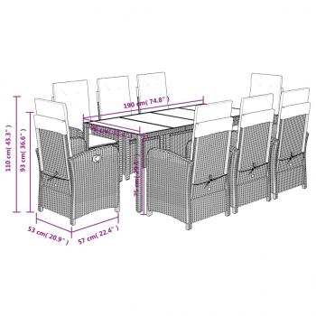 9-tlg. Garten-Essgruppe mit Kissen Grau Poly Rattan