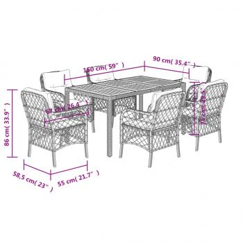 7-tlg. Garten-Essgruppe mit Kissen Schwarz Poly Rattan