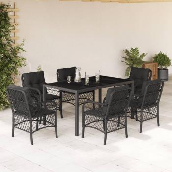 ARDEBO.de - 7-tlg. Garten-Essgruppe mit Kissen Schwarz Poly Rattan