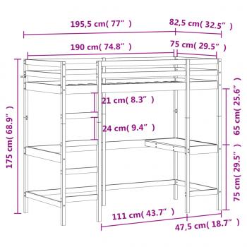 Hochbett mit Schreibtisch 75x190 cm Massivholz Kiefer