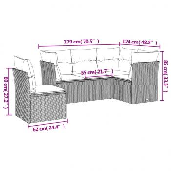 5-tlg. Garten-Sofagarnitur mit Kissen Grau Poly Rattan