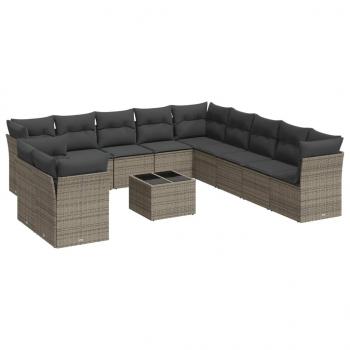 12-tlg. Garten-Sofagarnitur mit Kissen Grau Poly Rattan