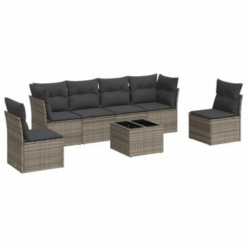 7-tlg. Garten-Sofagarnitur mit Kissen Grau Poly Rattan