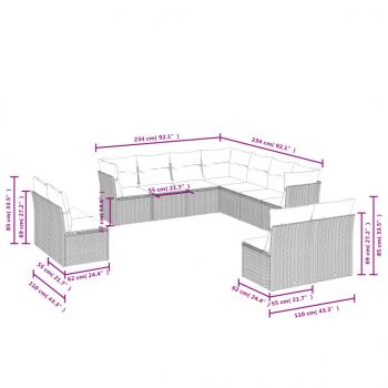 11-tlg. Garten-Sofagarnitur mit Kissen Grau Poly Rattan