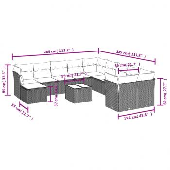 12-tlg. Garten-Sofagarnitur mit Kissen Grau Poly Rattan