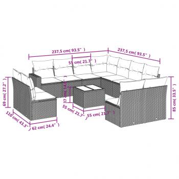 12-tlg. Garten-Sofagarnitur mit Kissen Grau Poly Rattan