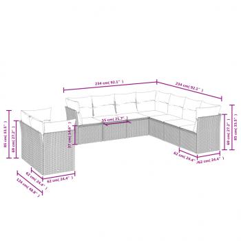 9-tlg. Garten-Sofagarnitur mit Kissen Grau Poly Rattan