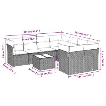 9-tlg. Garten-Sofagarnitur mit Kissen Grau Poly Rattan