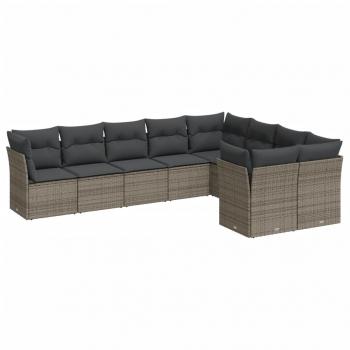 9-tlg. Garten-Sofagarnitur mit Kissen Grau Poly Rattan