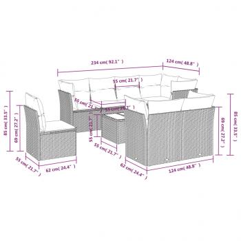 9-tlg. Garten-Sofagarnitur mit Kissen Grau Poly Rattan