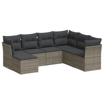 7-tlg. Garten-Sofagarnitur mit Kissen Grau Poly Rattan