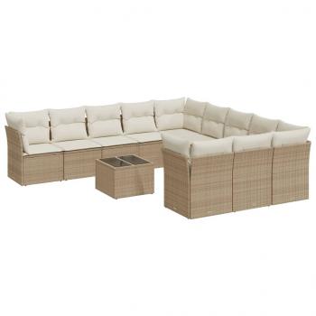 12-tlg. Garten-Sofagarnitur mit Kissen Beige Poly Rattan