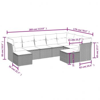 9-tlg. Garten-Sofagarnitur mit Kissen Grau Poly Rattan