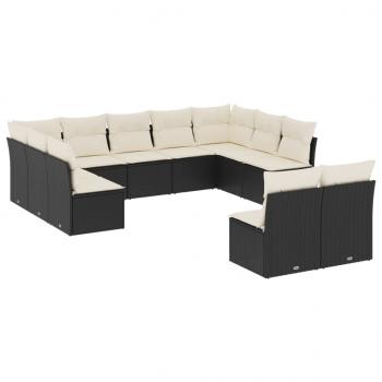 11-tlg. Garten-Sofagarnitur mit Kissen Schwarz Poly Rattan