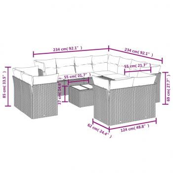 12-tlg. Garten-Sofagarnitur mit Kissen Grau Poly Rattan