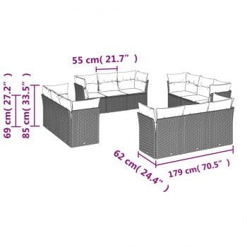 12-tlg. Garten-Sofagarnitur mit Kissen Grau Poly Rattan