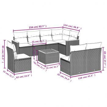 9-tlg. Garten-Sofagarnitur mit Kissen Schwarz Poly Rattan