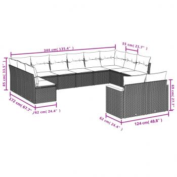 12-tlg. Garten-Sofagarnitur mit Kissen Grau Poly Rattan