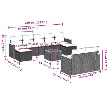 10-tlg. Garten-Sofagarnitur mit Kissen Grau Poly Rattan