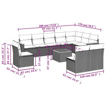 11-tlg. Garten-Sofagarnitur mit Kissen Grau Poly Rattan