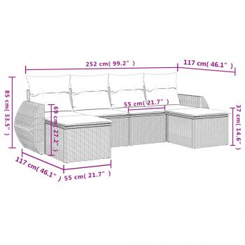 6-tlg. Garten-Sofagarnitur mit Kissen Grau Poly Rattan