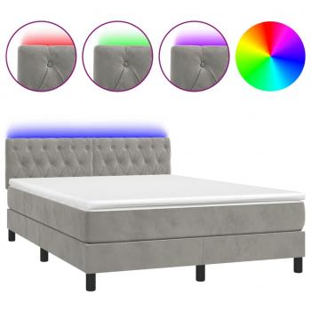 Boxspringbett mit Matratze & LED Hellgrau 140x190 cm Samt