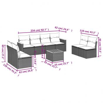 9-tlg. Garten-Sofagarnitur mit Kissen Grau Poly Rattan