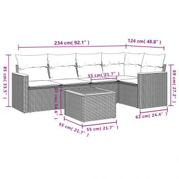 6-tlg. Garten-Sofagarnitur mit Kissen Grau Poly Rattan