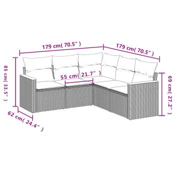 5-tlg. Garten-Sofagarnitur mit Kissen Grau Poly Rattan