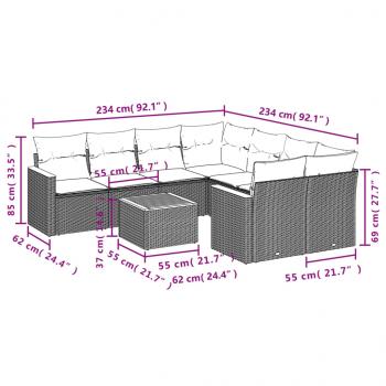 9-tlg. Garten-Sofagarnitur mit Kissen Grau Poly Rattan