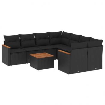 9-tlg. Garten-Sofagarnitur mit Kissen Schwarz Poly Rattan